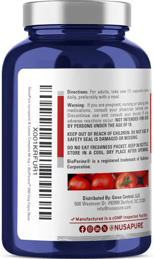 NusaPure Lycopene & Lutein Complex 60mg per caps 200 Veggie Capsules (Non-GMO & )