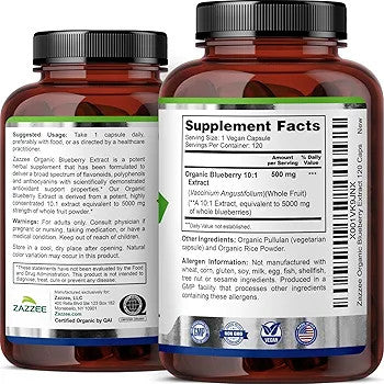 Zazzee Usda Organic Blueberry 10:1 Extract 5000 Mg Strength 120 Vegan Capsules 4 Month Supply Concentrated And Standardized
