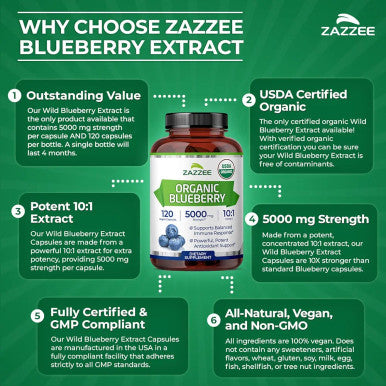 Zazzee Usda Organic Blueberry 10:1 Extract 5000 Mg Strength 120 Vegan Capsules 4 Month Supply Concentrated And Standardized