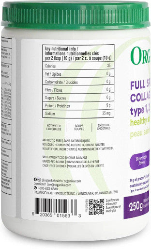 Organika Full Spectrum Collagen Type 1, 2, 3- Bovine Marine And Chicken Collagen Combination- Joint Support Gut Health Support- Mild Bone Broth Flavour 250G