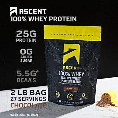 Ascent 100% Whey Protein Powder - Post Workout Whey Protein Isolate Zero Artificial Flavors & Sweeteners Gluten Free 5.5g BCAA 2.6g Leucine Essential Amino Acids Chocolate 2 lb
