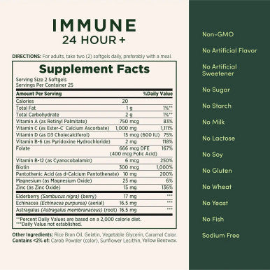 Nature's Bounty Immune 24 Hour + The only Vitamin C with 24 Hour Immune Support from Ester-C 1000 mg Vitamin C, D & Zinc, Gluten Free Rapid Release Softgels 2 Softgels per Day 50 Count