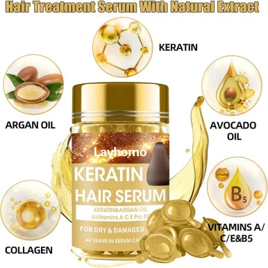 Layhomo Keratin Hair Treatment SerumHair Serum Treatment for Dry Damaged HairHair Oil Capsules with KeratinArgan Oil-Leave-in Anti Frizz Conditioner with Vitamins A C E & B5- No Rinse for All Hair Types