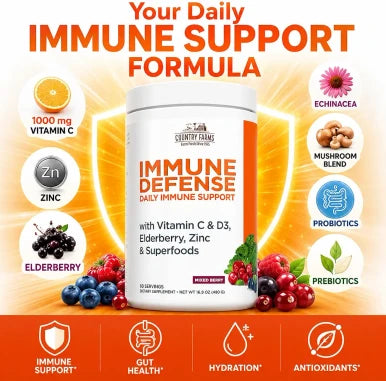 Country Farms Immune Defense Superfoods Immune Support Supplement Vitamin C with Black Elderberry Echinacea Turmeric Supports Hydration with Probiotics and Prebiotics Berry Flavor 60 Servings
