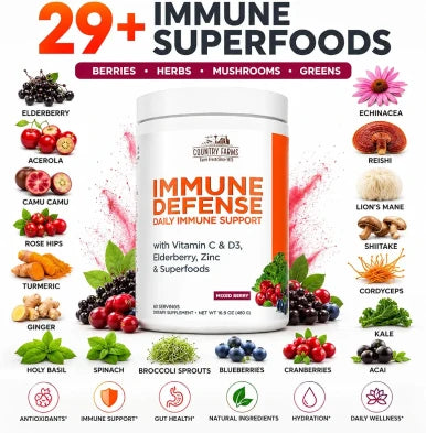 Country Farms Immune Defense Superfoods Immune Support Supplement Vitamin C with Black Elderberry Echinacea Turmeric Supports Hydration with Probiotics and Prebiotics Berry Flavor 60 Servings