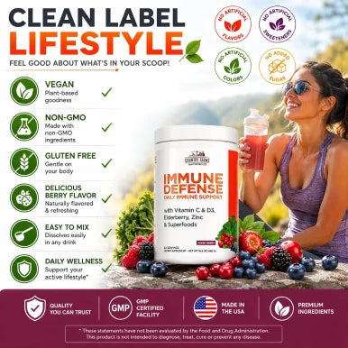 Country Farms Immune Defense Superfoods Immune Support Supplement Vitamin C with Black Elderberry Echinacea Turmeric Supports Hydration with Probiotics and Prebiotics Berry Flavor 60 Servings