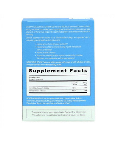 Vitamax Calcium 600 mg Vitamin D3 400IU Tablets 60s