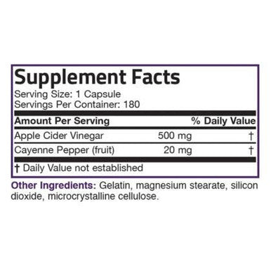 Apple Cider Vinegar with Cayenne Pepper High Potency - 500 mg - 180 Capsules