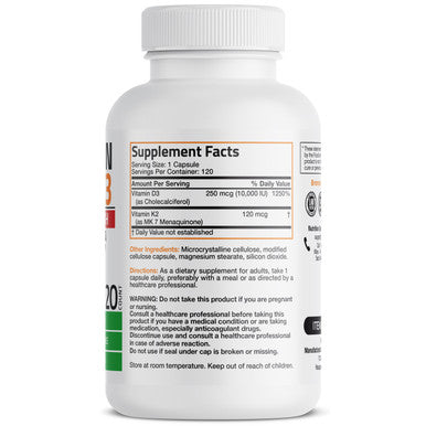 Bronson Vitamin K2 MK-7 Plus Vitamin D3 Extra Strength 120 Count