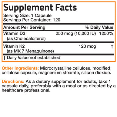 Bronson Vitamin K2 MK-7 Plus Vitamin D3 Extra Strength 120 Count