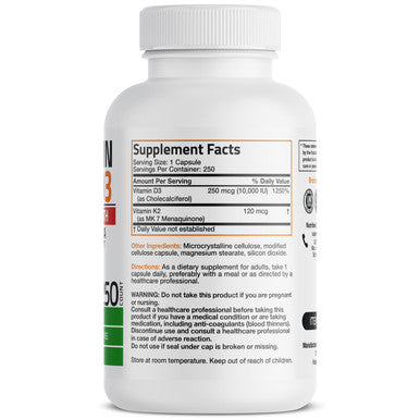 Bronson Vitamin K2 MK-7 Plus Vitamin D3 Extra Strength 250 Count