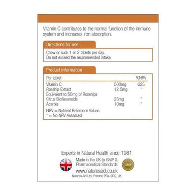 Natures Aid Vitamin C 500mg Chewable Sugar Free 100 Tablets