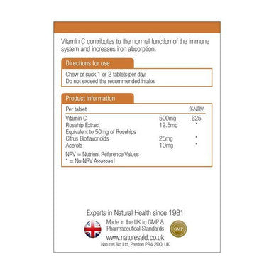 Natures Aid Vitamin C 500mg Sugar Free Chewable Tablets 50's