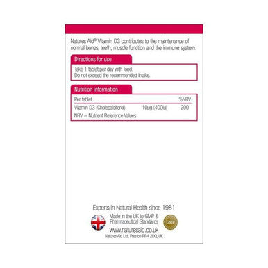 Natures Aid Vitamin D3 400 IU Tablets 90's