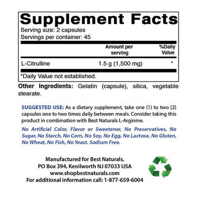 Best Naturals L-Citrulline Capsules - 1500mg/Serving - Non-GMO - Gluten - 90 Capsules (90 Count (Pack of 1))
