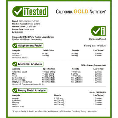 California Gold Nutrition Buffered Vitamin C Capsules, 750 mg, 240 Veggie Capsules