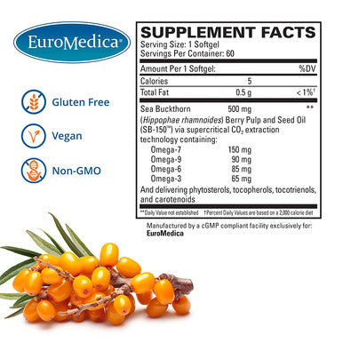 EuroMedica ProHydra-7 - 60 Softgels - Clinically-Studied Sea Buckthorn Oil Formula - Omega-7 Supplement with Essential Fatty Acids - Improve Skin Hydration, Soothe Gastrointestinal Tract - 60 Servings