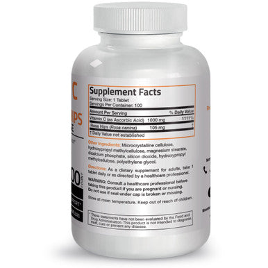 Bronson Vitamin C Ascorbic Acid Sustained Release with Rose Hips - 1,000 mg 100 Count