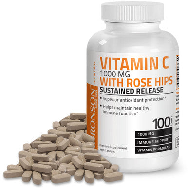 Bronson Vitamin C Ascorbic Acid Sustained Release with Rose Hips - 1,000 mg 100 Count