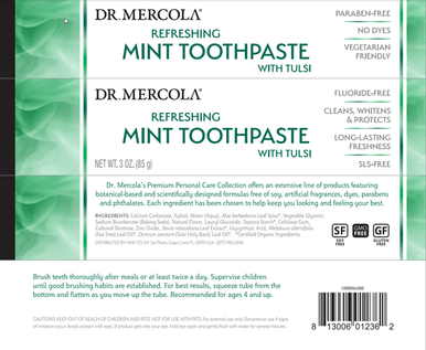 Dr. Mercola, Refreshing Mint Toothpaste with Tulsi, 3 oz (85 g), Fluoride-, SLS , Paraben , No Dyes, Vegetarian Friendly, No Harsh Chemicals, Non GMO, Soy , Gluten