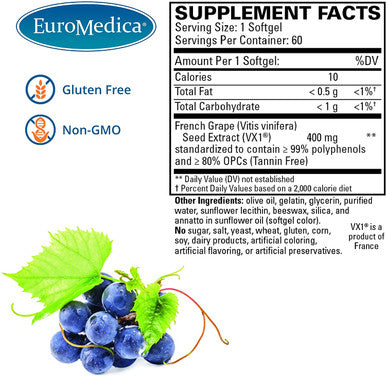 EuroMedica Clinical OPC - 60 Softgels - Tannin-Free Grape Seed Extract - Supports Cardiovascular Health - High Absorption - 60 Servings