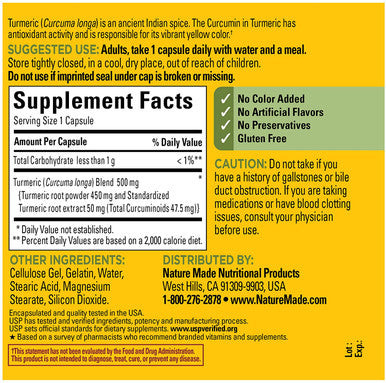 Nature Made Turmeric Curcumin 500 mg, Herbal Supplement for Antioxidant Support, 120 Capsules, 120 Day Supply