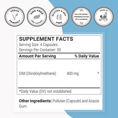 Supersmart DIM DiIndolylMethane 400 mg Per Day Hormonal Support for Men Women Protect Against Aging Cells Estrogen Balance NonGMO Gluten Free 120 Vegetarian Capsules