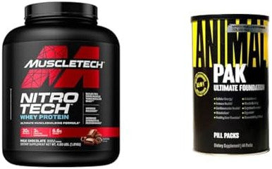 Muscletech Whey Protein Powder Nitrotech Whey Protein Isolate & Peptides & Animal Pak Convenient Allinone Vitamin & Supplement Pack