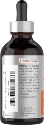 Horbaach B12 Vitamin 5000 mcg Sublingual 4 Fl Oz as Methylcobalamin and Cyanocobalamin Liquid Vegetarian Drops Berry Flavor NonGMO and Gluten Free Supplement