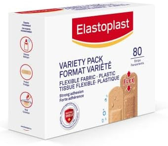 Elastoplast Fabric And Plastic Adhesive Bandages Variety Pack (80 Strips), Flexible & Water-Resistant Bandage With All-Around Adhesion, Ideal For First Aid Kit {Imported From Canada}