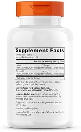 Doctor'S Best Lutein 20 Mg Supports Eye Health & Performance Nongmo Gluten 180 Softgels