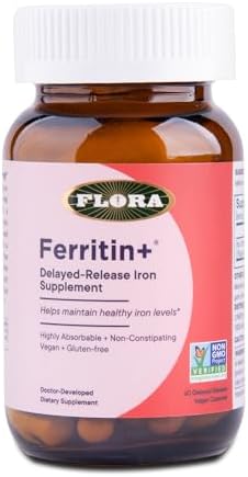 Flora Ferritin+ Delayedrelease Iron Supplement Plantbased Iron Supplement Blood Cell & Energy Support Vegan & Gluten Amber Glass Bottle 60 Vegan Capsules
