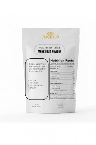 100% Freeze-Dried Monk Fruit Powder - Zero Aftertaste Natural Sugar Substitute - 100g Pure Whole-Fruit Sweetener, 15x Sweetness vs. Sugar, Zero-Heat Processed, No Fillers or Sugar Alcohols