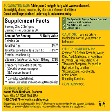 Nature Made Super Strength Cranberry Herbal Supplement 450 mg Extract Softgels 60 Soft Gels