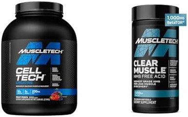 Muscletech Celltech Creatine Powder & Clear Muscle Hmb Supplements Muscle Builder & Recovery Drink For Men & Women 6 Lbs Powder & 42 Softgels