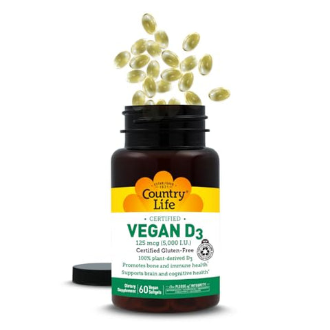 Country Life Vegan D3 5000 IU PlantDerived Vitamin D3 from Lichen Certified Vegan GlutenFree NonGMO Clean Simple Formula 60 Softgels