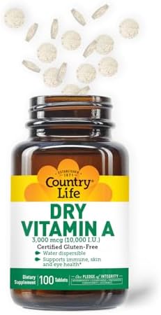 Country Life Vitamin A 10000 IU Immune Support Skin and Eye Health Supplement Certified GlutenFree Vegan Halal Kosher 50% BetaCarotene and 50% Retinyl Palmitate Easy Absorption 100 Tablets