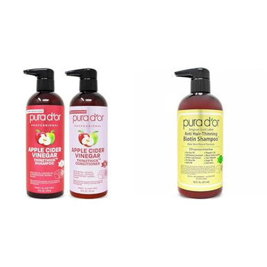 Pura D'Or Apple Cider Vinegar Thin2Thick Set (16Oz X 2) Acv Shampoo & Conditioner Clarifying Detox & Anti-Thinning Biotin Shampoo Clinically Tested Dht Blocker