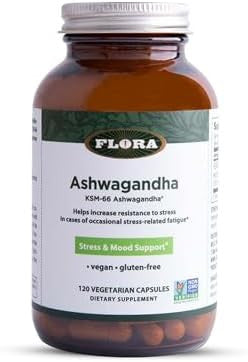 Flora Ashwagandha Ksm66 Stress Support Herbal Supplement Aids Better Sleep & Athletic Performance Vegan Nongmo & Gluten 120 Vegetarian Capsules