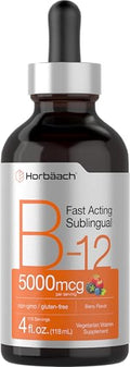 Horbaach B12 Vitamin 5000 mcg Sublingual 4 Fl Oz as Methylcobalamin and Cyanocobalamin Liquid Vegetarian Drops Berry Flavor NonGMO and Gluten Free Supplement