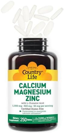 Country Life Calcium Magnesium Zinc With Vitamin D3 And L-Glutamic Acid, Dietary Supplement For Bone Support, Certified Gluten Free, 1000Mg/500Mg/50Mg, 250 Tablets
