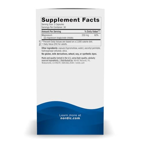 Nordic Naturals Vegetarian Magnesium Glycinate Capsules Unflavored 90 Count - 250Mg Magnesium Per Serving - Highly Bioavailable Support For Muscle & Cardiovascular Function - Non-Gmo 30 Servings