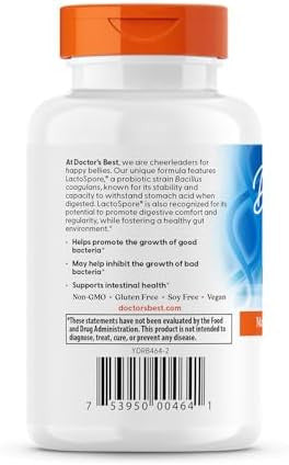 Doctor'S Best Digestive Health Probiotic 2 Billion With Lactospore Nongmo Vegan Gluten Soy 60 Veggie Caps (Drb00464)