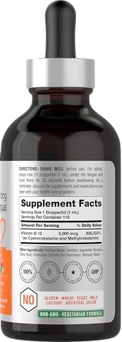 Horbaach B12 Vitamin 5000 mcg Sublingual 4 Fl Oz as Methylcobalamin and Cyanocobalamin Liquid Vegetarian Drops Berry Flavor NonGMO and Gluten Free Supplement