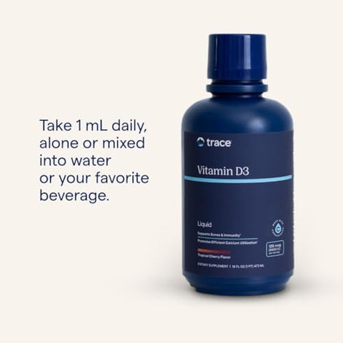 Trace Minerals Liquid Vitamin D3 126mcg (5000 IU) D3 with 72+ Concentrace Ionic Trace Minerals Fast Absorbing High Potency Natural Tropical Cherry Flavor 32 Servings 16 fl oz