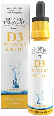Buried Treasure Vitamin D3 and K2 Drops 5000 IU D3 with 100 mcg K2 for Bone Heart and Immune Support Sugar Free 2 fl oz