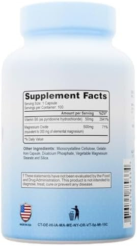 Magnesium Plus B6 500 Mg By Alfa Vitamins Cardiovascular Health Supports Energy Production &R Enzyme Function 100 Capsules