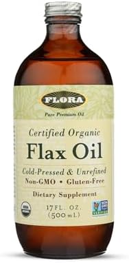 Flora Flax Oil Coldpressed Unrefined Organic Flax Seed Oil Contains Omega3 & Omega6 Nongmo & Gluten Keep Chilled 32 Fl. Oz. Amber Glass Bottle