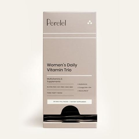 Perelel Womens Daily Vitamin Trio Multivitamin Omega 3 Dha + EPA and Beauty Blend Supplements for Nutrient Support and Overall Wellness Soy Dairy and Gluten Non GMO Formula 30 Daily Pill Packs