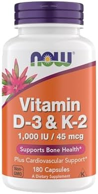 Now Supplements Vitamin D3 K2 1000 Iu/45 Mcg Cardiovascular Support Supports Bone Health 180 Vegetarian Capsules Vegan Gluten Kosher Vitamin D3 And K2 Supplements (Pack Of 1)